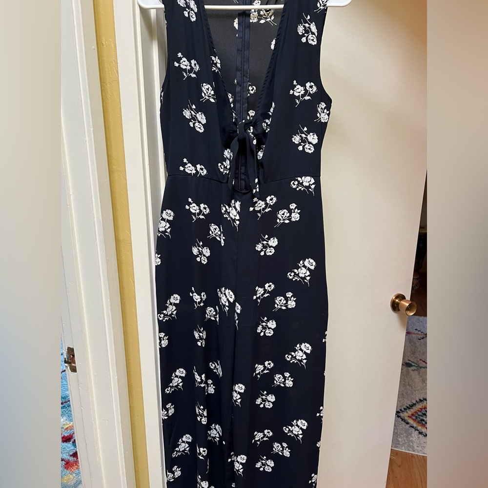 Honey punch jumpsuit size small blue with floral details